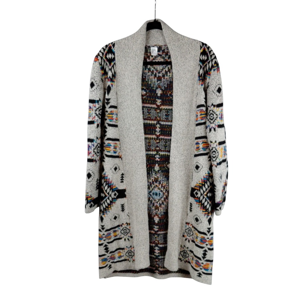 Mintee‎ 16 Womens Aztec Cardigan Sweater Grey Multicolor Geometric Open Front M